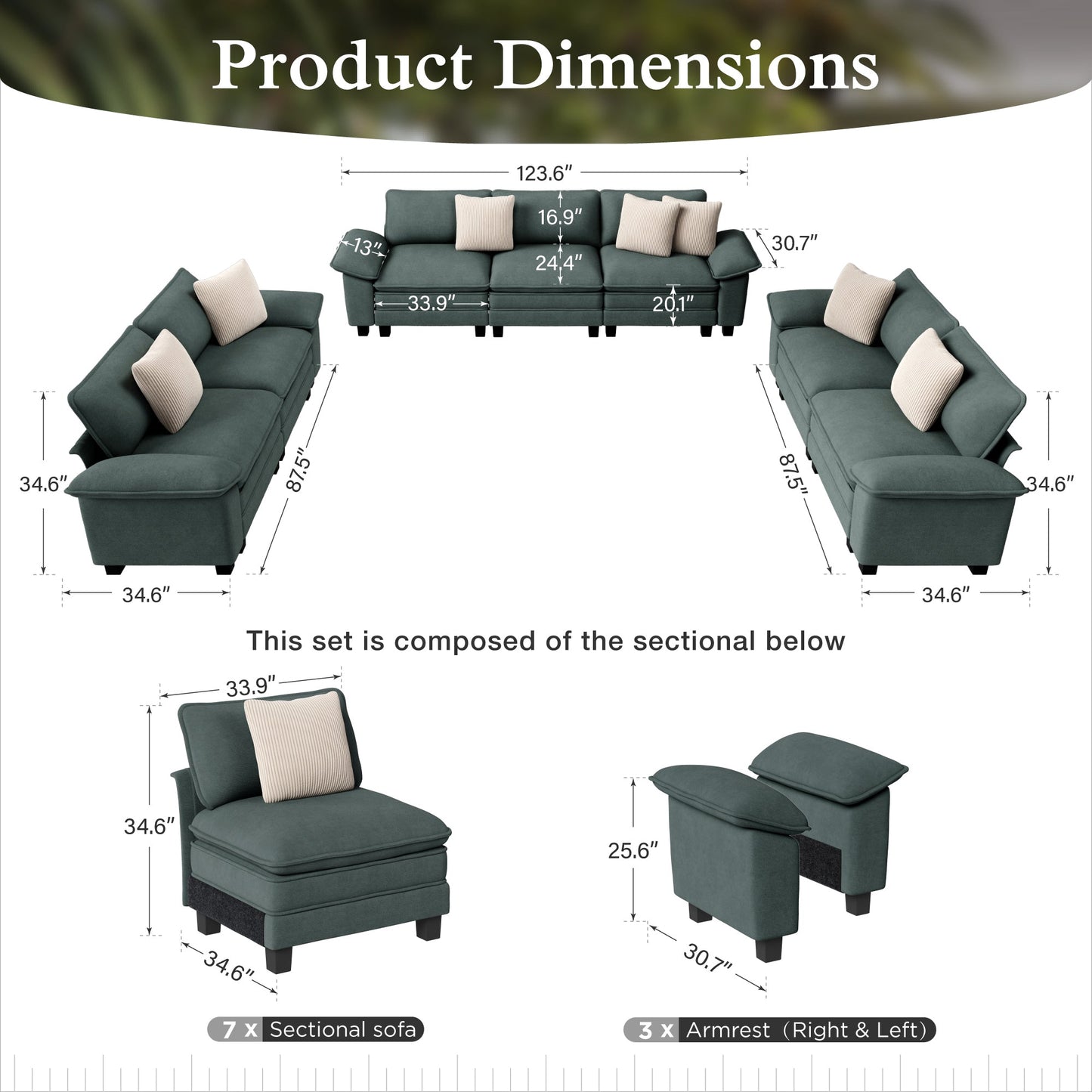 Sophia&William 123.6"L Modular Chenille Sectional Sofa Couch, 7-Seat Modern U-Shaped Cloud Couch Convertible Sofa for Living Room,Green