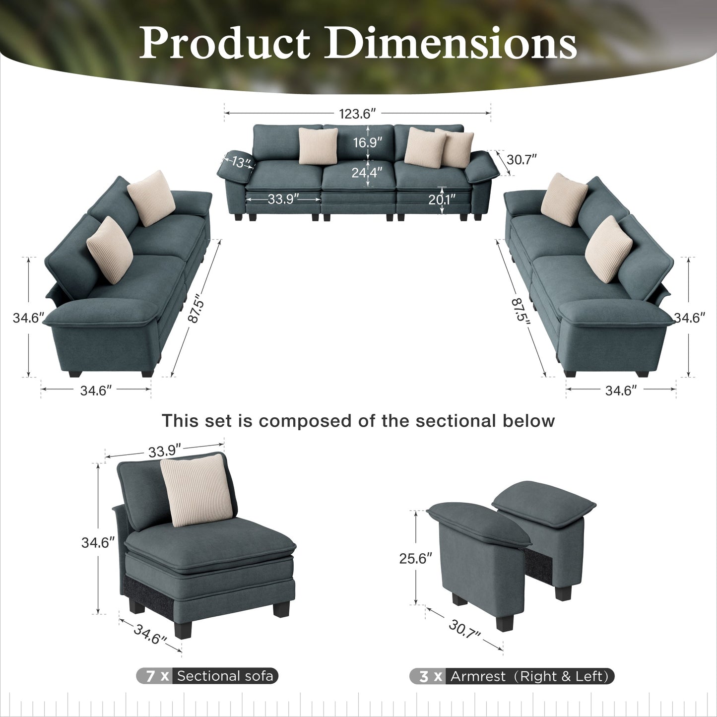 Sophia&William 123.6"L Modular Chenille Sectional Sofa Couch, 7-Seat Modern U-Shaped Cloud Couch Convertible Sofa for Living Room,Blue