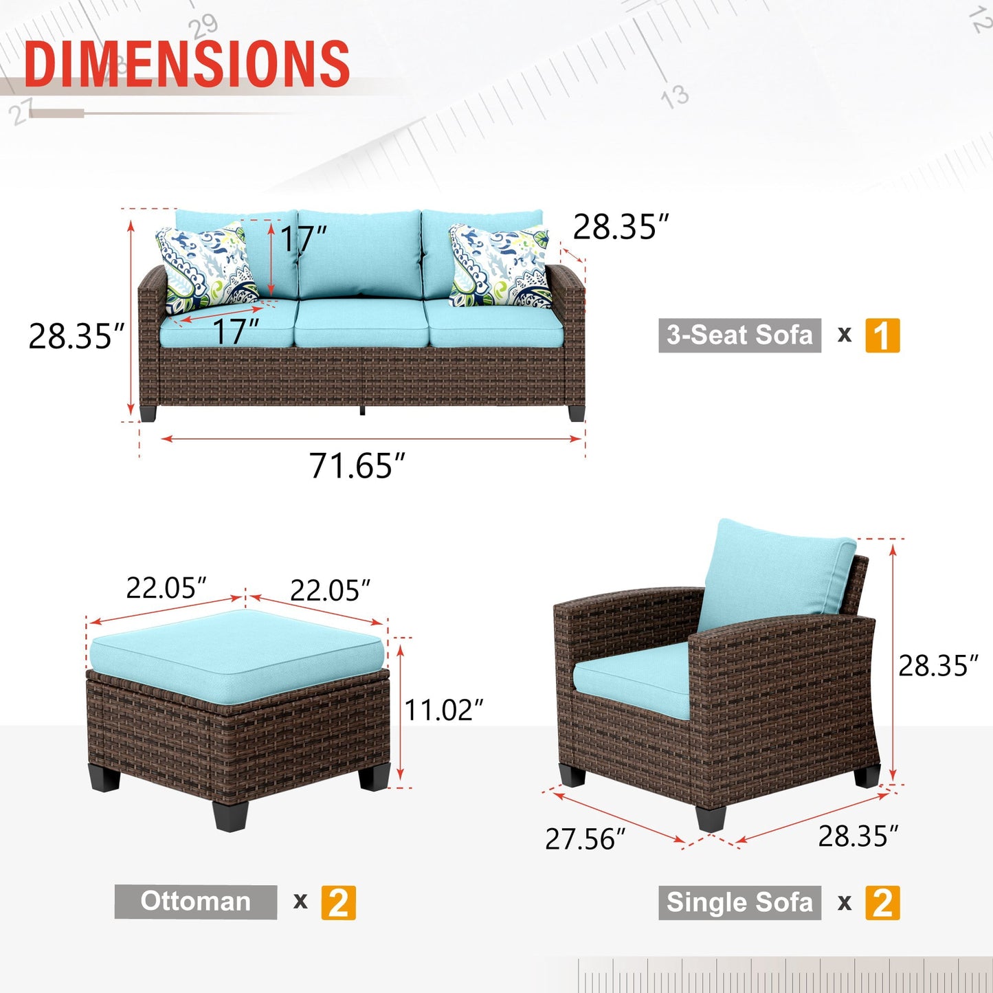 Sophia & William 7-seat Wicker Patio Convesation Set Wicker Outdoor Sectionals Sofa Set, Blue