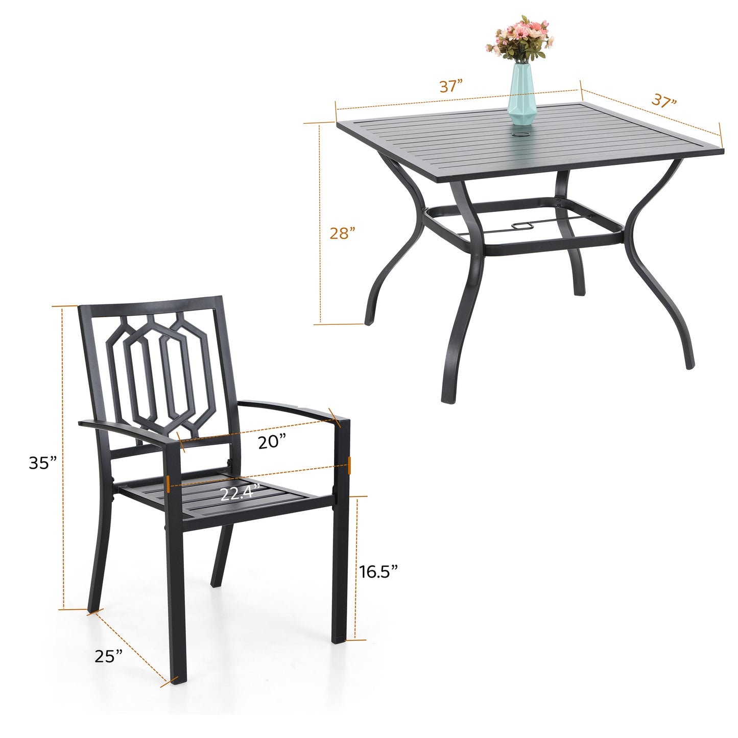 Sophia & William 5 Pcs Metal Patio Outdoor Dining Set with 4 Stackable Chairs and Square Table Furniture Set, Black