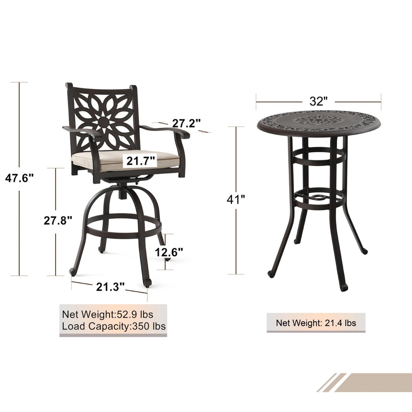 Sophia & William 3 Piece Cast Aluminum Outdoor Bar Set 2 Swivel Bar Stools with Cushion and 1 Round Patio Bar Table