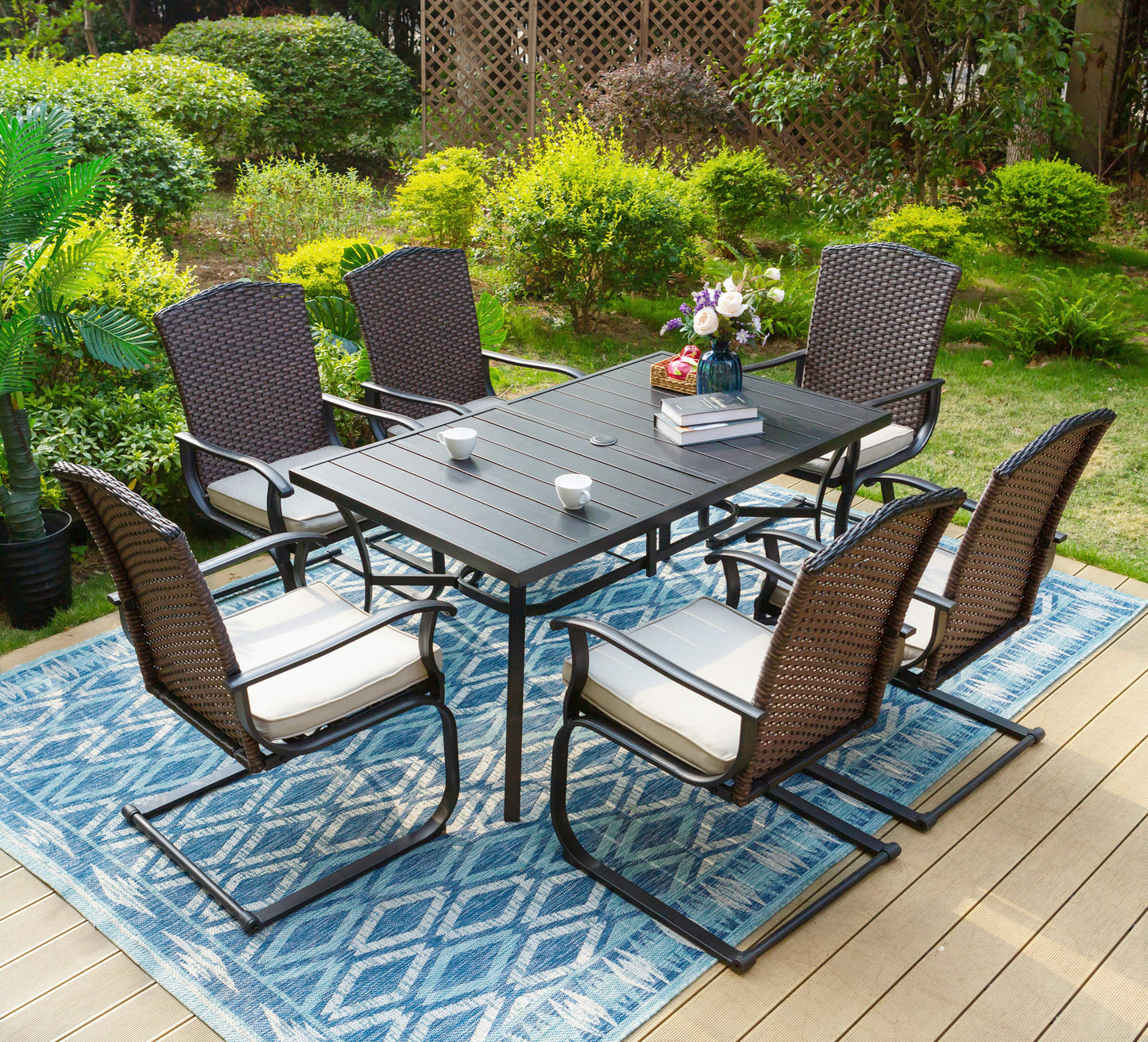 Sophia & William 7 Pieces Patio Dining Set Wicker Chairs & Umbrella Table