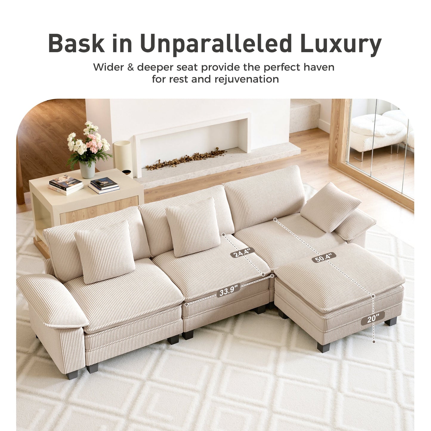 Sophia&William Convertible Sectional Sofa Couch, Modern Corduroy Couch 4-Seat Sofa Sectional for Living Room,Beige
