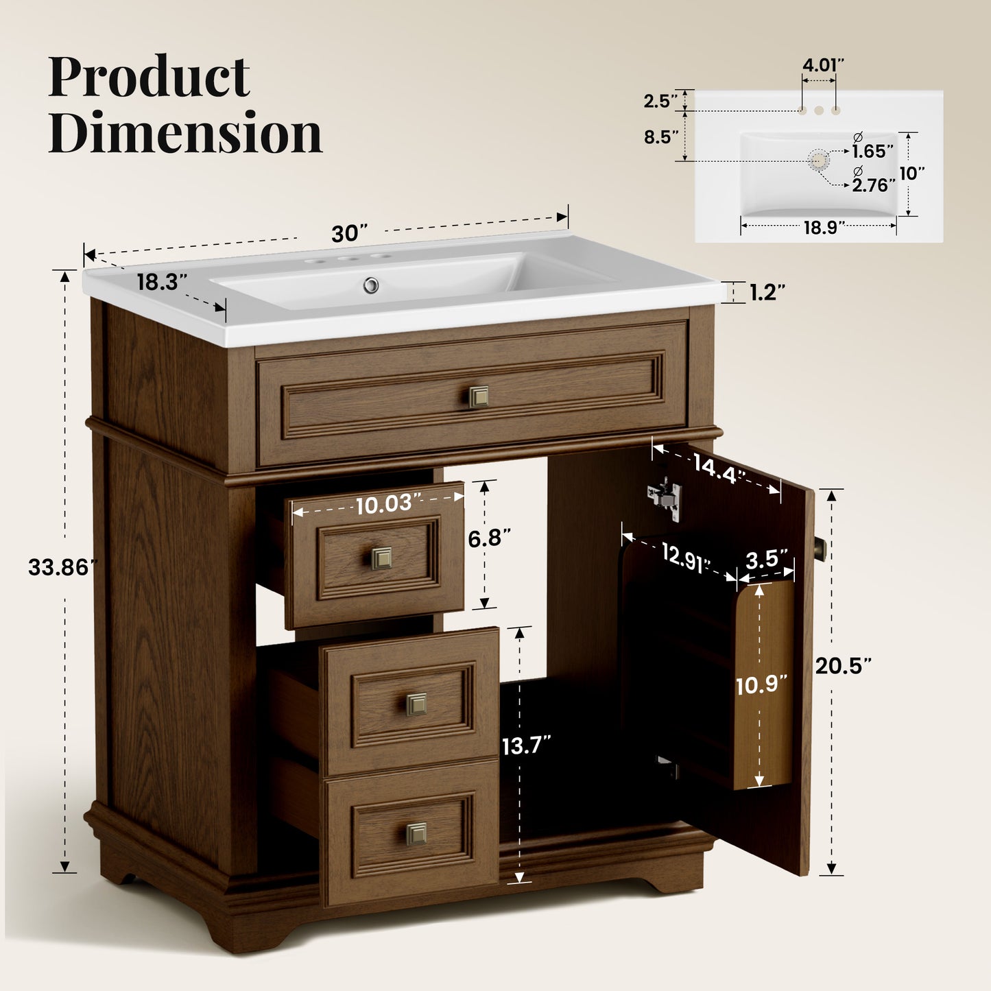 Sophia & William 30inch Bathroom Vanity with 5inch Deep Sink Freestanding Wood Bathroom Cabinet Vanity with 1 Door & 2 Drawers, Walnut