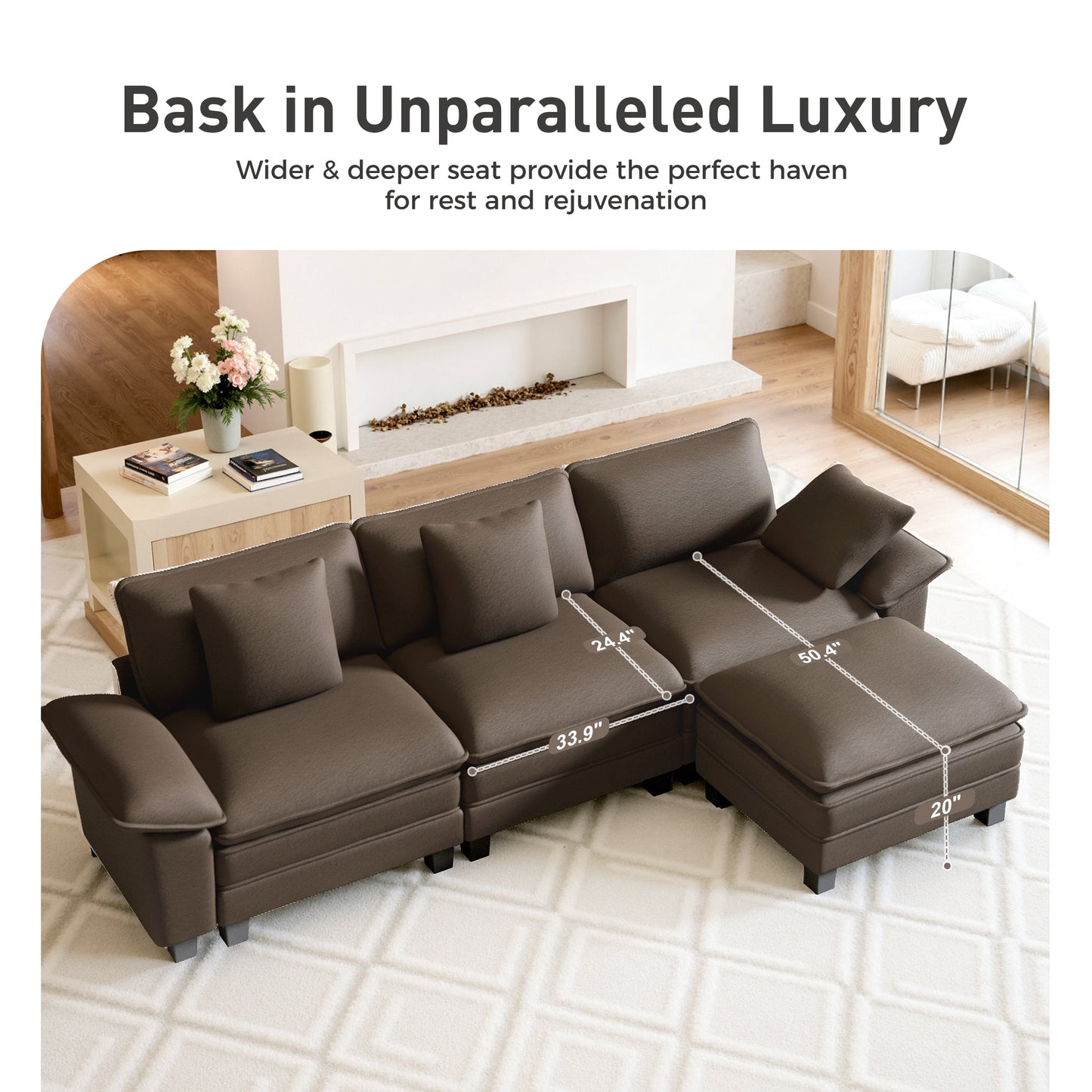 Sophia&William Convertible Sectional Sofa Couch, Modern Chenille Couch 4-Seat 24.4"W Cloud Sofa for Living Room,Brown