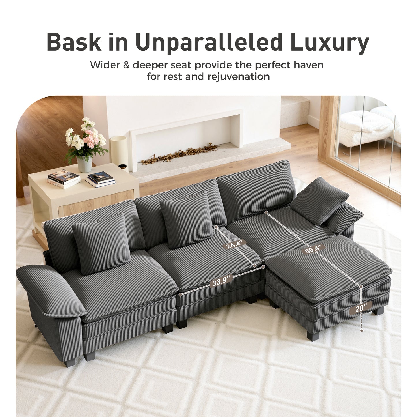 Sophia&William 87.5"L Modular Sectional Sofa Sets, Modern Corduroy Couch 2-Seat Oversized Sofa Loveseat for Living Room,Gray