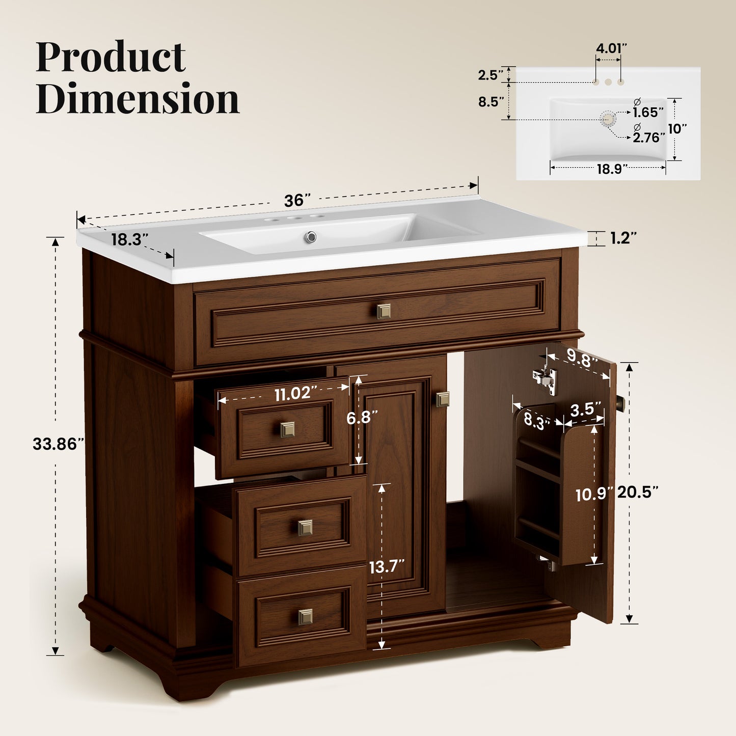 Sophia & William 36inch Bathroom Vanity with 5inch Deep Sink Freestanding Wood Bathroom Cabinet Vanity with 2 Doors with Shelf & 2 Drawers, Cherry Brown