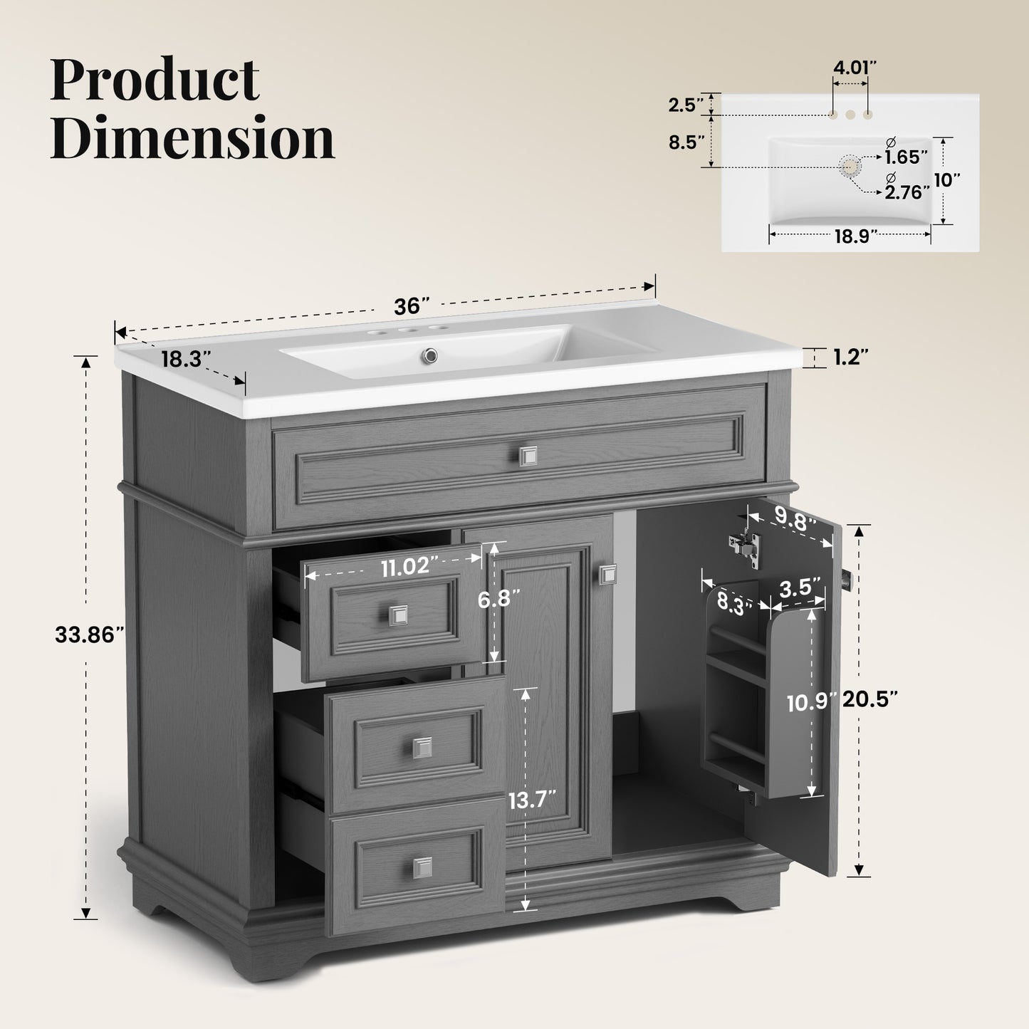 Sophia & William 36inch Bathroom Vanity with 5inch Deep Sink Freestanding Wood Bathroom Cabinet Vanity with 2 Doors with Shelf & 2 Drawers, Grey