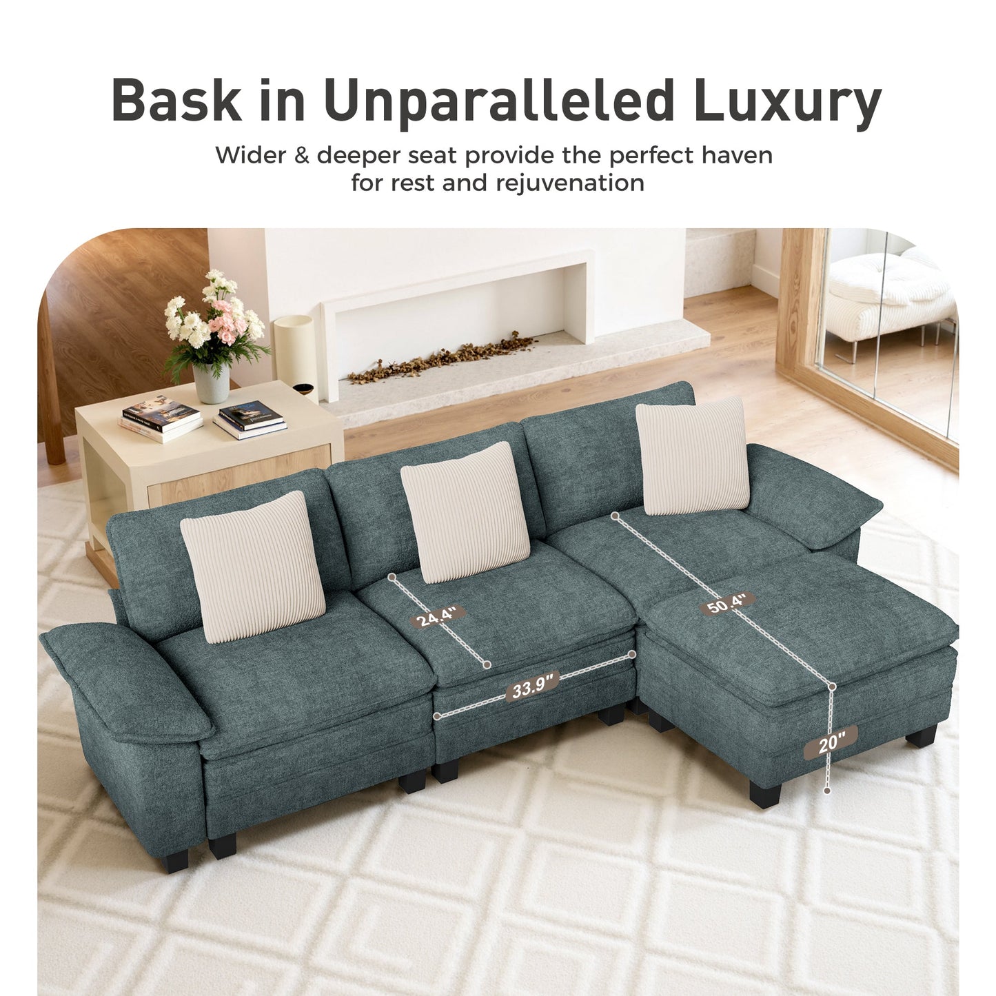 Sophia&William 6-Seat Convertible Sectional Sofa Couch, Modern Chenille Couch Cloud Deep Seat Sofa Modular with 6 Pillows for Living Room, Apartment, Green