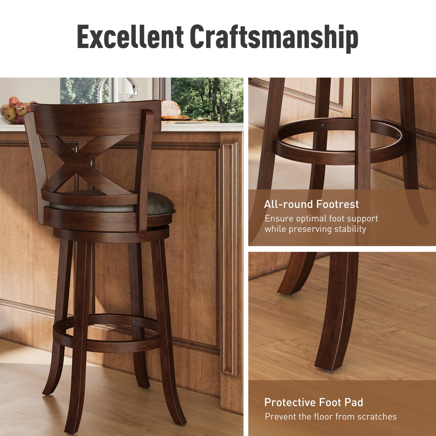 Sophia & William 30" Swivel Bar Stools, Set of 2 with Cross Back Durable Wood Frame Padded Counter Stools for Kitchen Island,Brown