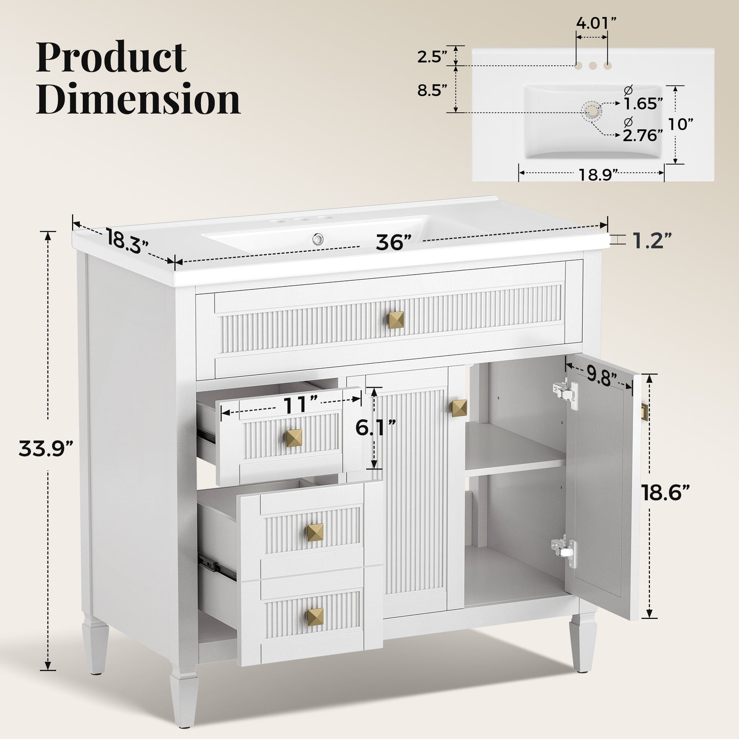 Sophia & William 36inch Bathroom Vanity with 5inch Deep Sink Freestanding Wood Bathroom Cabinet Vanity with 2 Doors & 2 Drawers & Adjustable Shelf, White