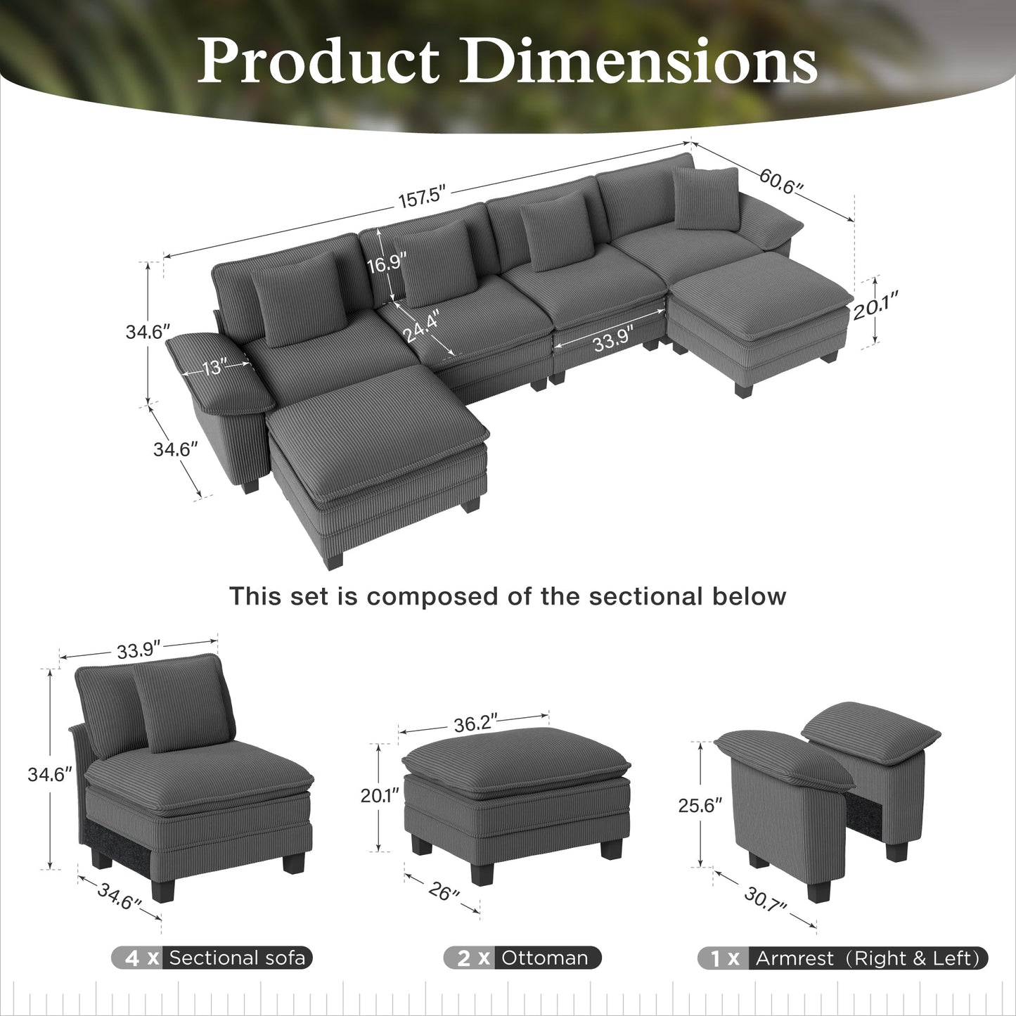 Sophia&William 157.5"L Convertible Sectional Sofa Couch, Modern Chenille Couch 6-Seat Modular Sofa for Living Room,Gray