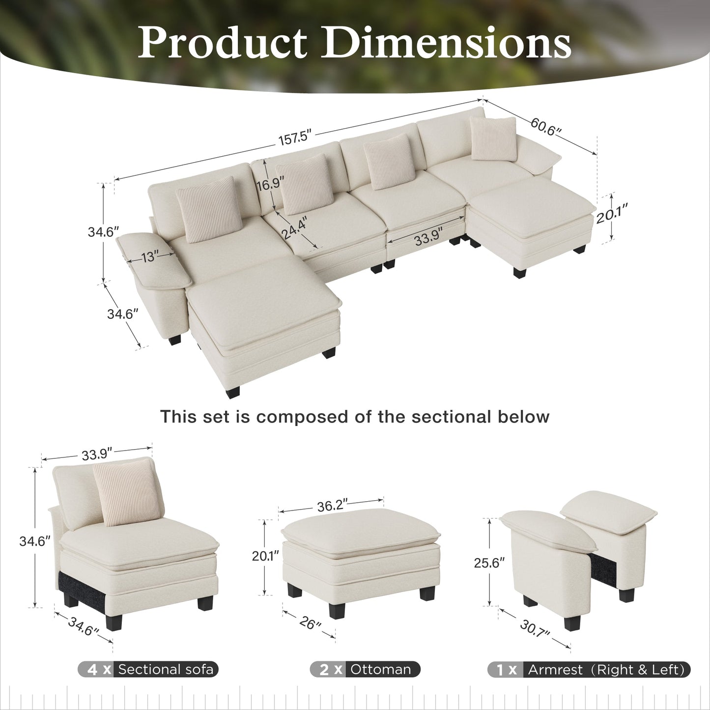 Sophia&William 157.5"L Convertible Sectional Sofa Couch, Modern Chenille Couch 6-Seat Modular Sofa for Living Room,White