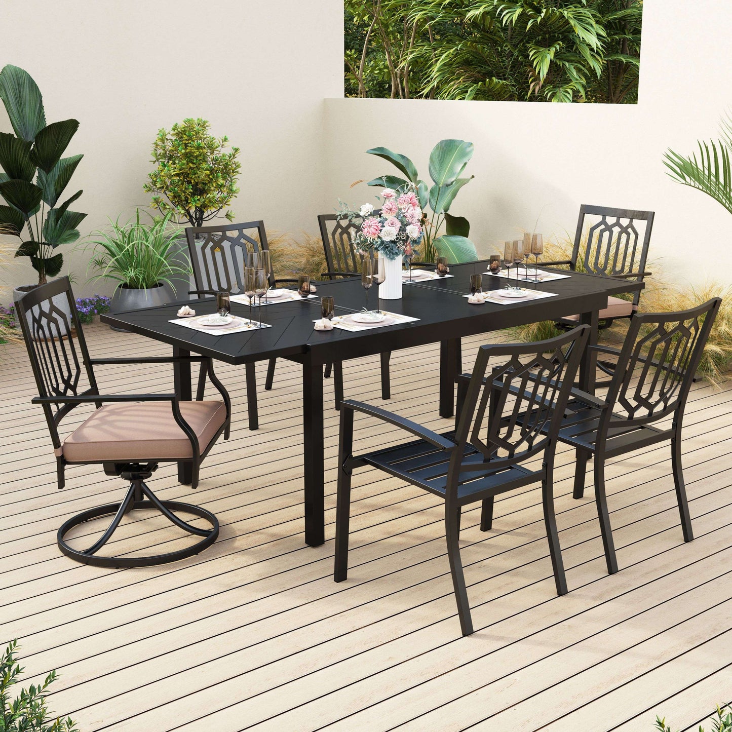 Sophia & William 7 Pieces Metal Outdoor Patio Dining Set with Extendable Table - Black