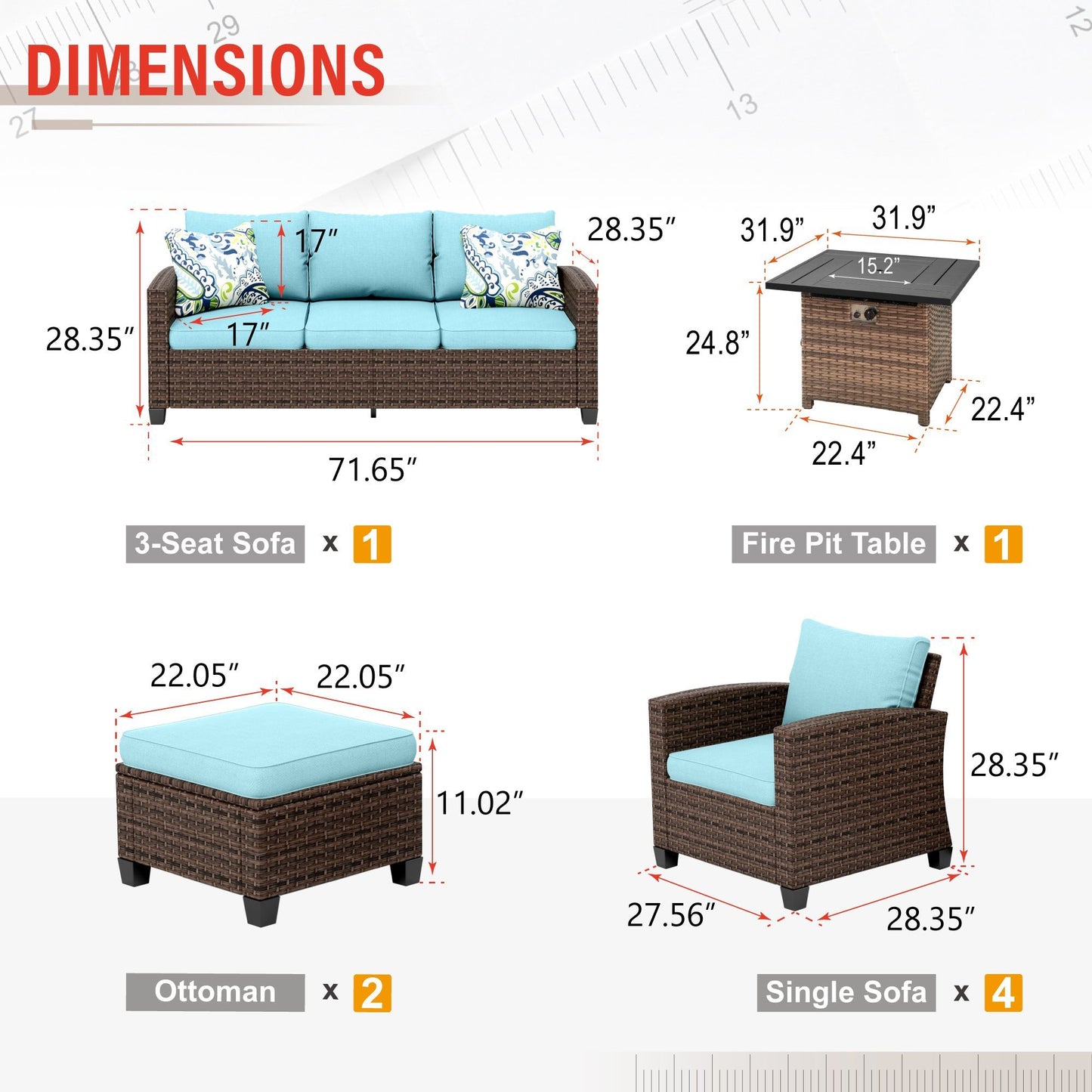 Sophia & William 9-seat Wicker Patio Converation Set with Fire Pit Table, Blue