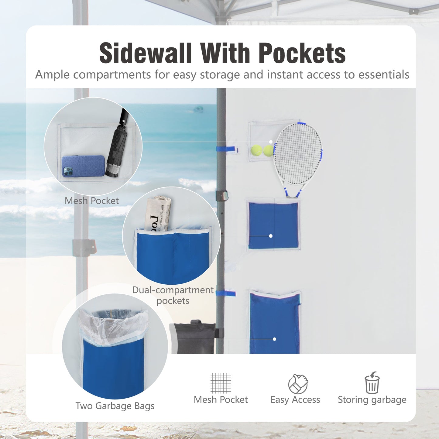 10x10ft Easy Set Up 3 Height Adjustable Pop Up UV Protection Canopy Tent with Removable Side Wall, Blue