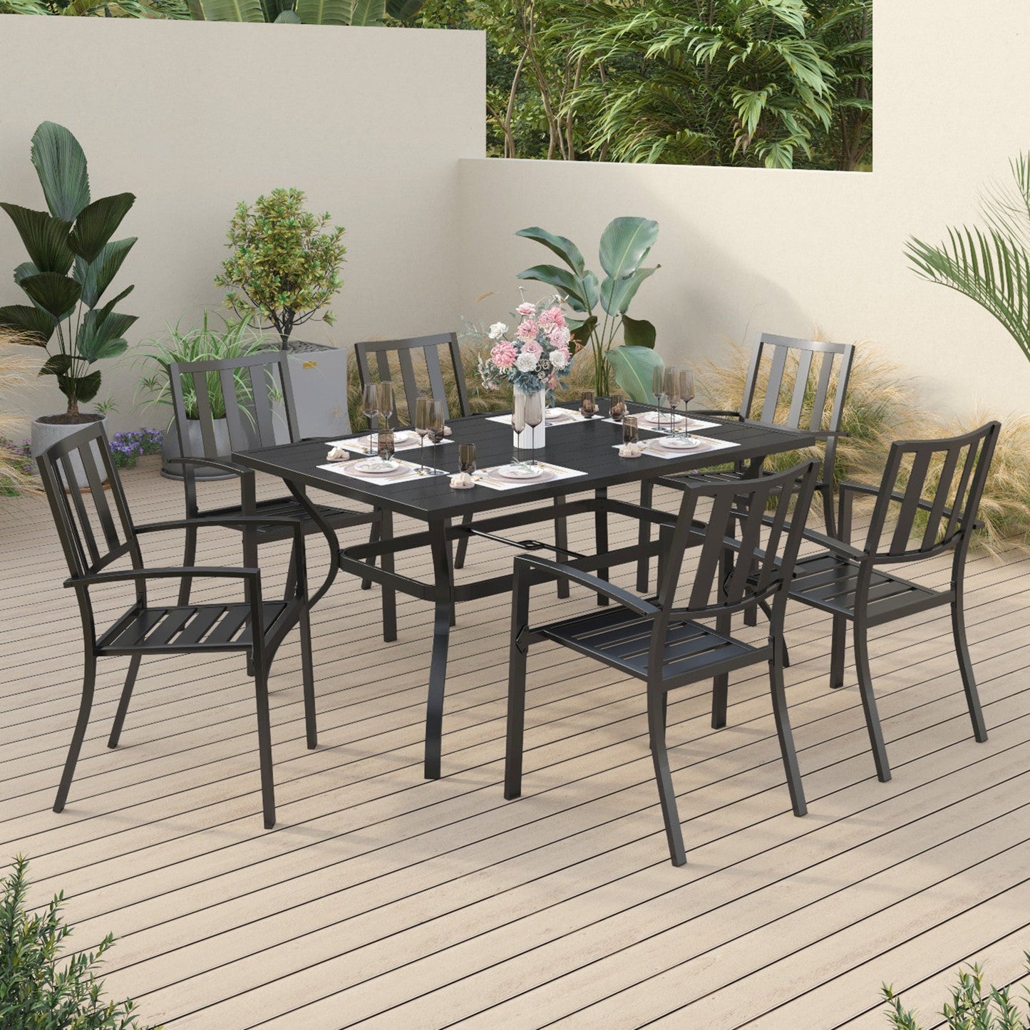 Sophia & William 7 Piece Metal Outdoor Patio Dining Bistro Sets with 6 Striped Armrest Chairs and 60" x 38"x28" Steel Frame Slat Rectangular Table,Black