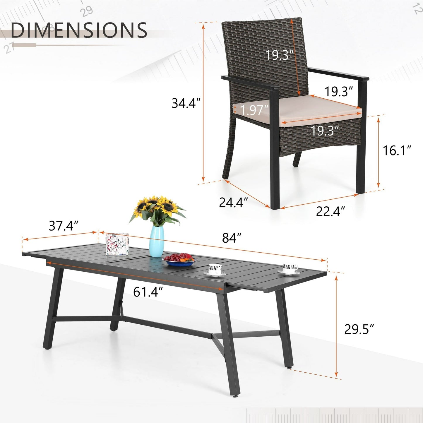 7-Piece Patio Dining Set with Extendable Table & 6 Rattan Chairs, Black & Beige