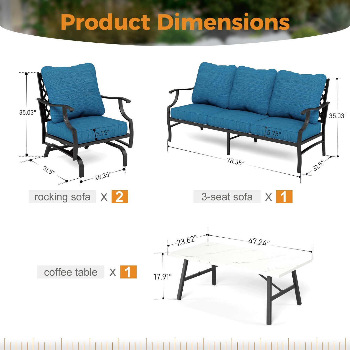 Sophia&William 5 Seat Patio Conversation Set Outdoor Sofa Furniture Set with Marble Table, Pacific Blue