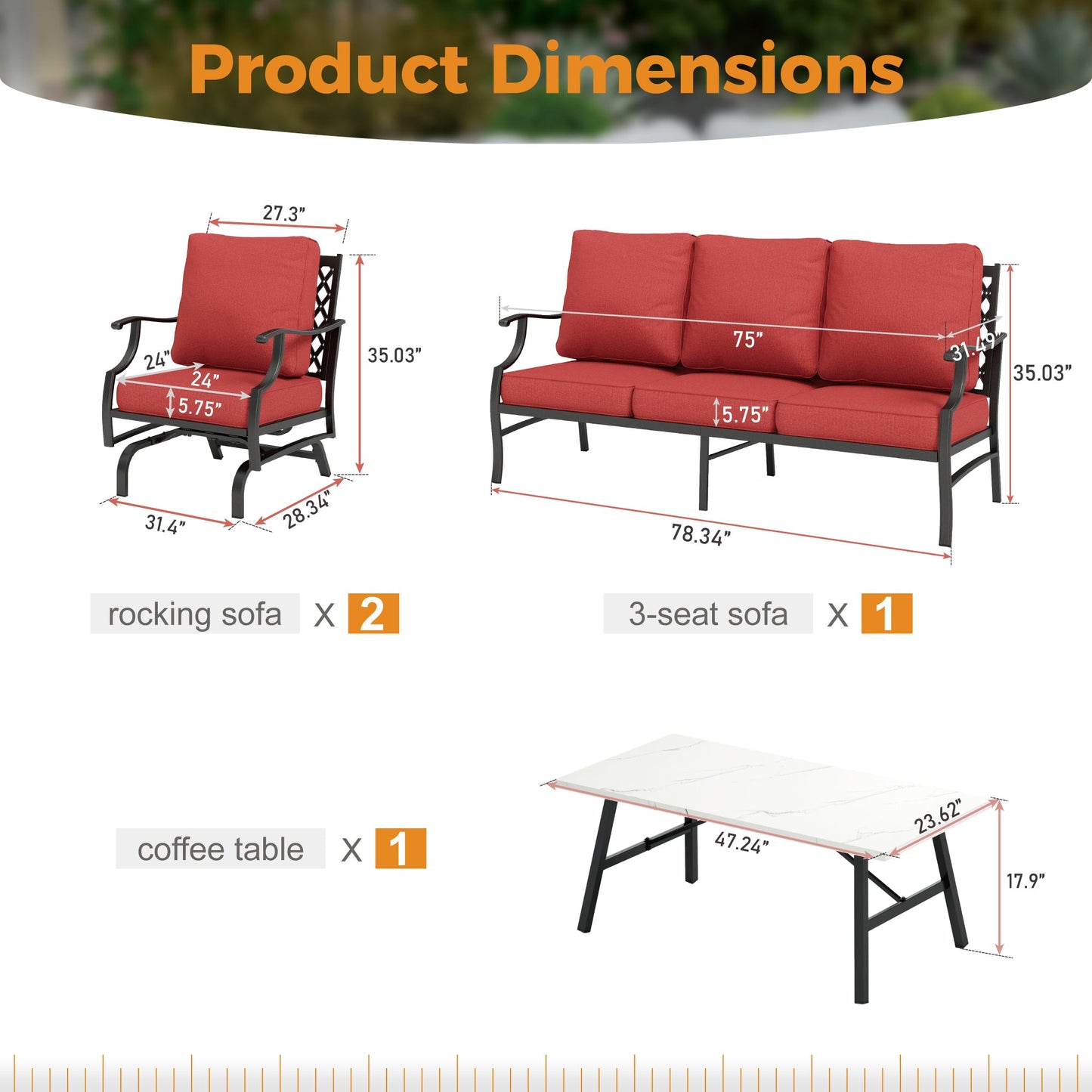 Sophia&William 5 Seat Patio Outdoor Furniture Set Metal Conversation Set with Rocking Chairs and Marble Table, Red