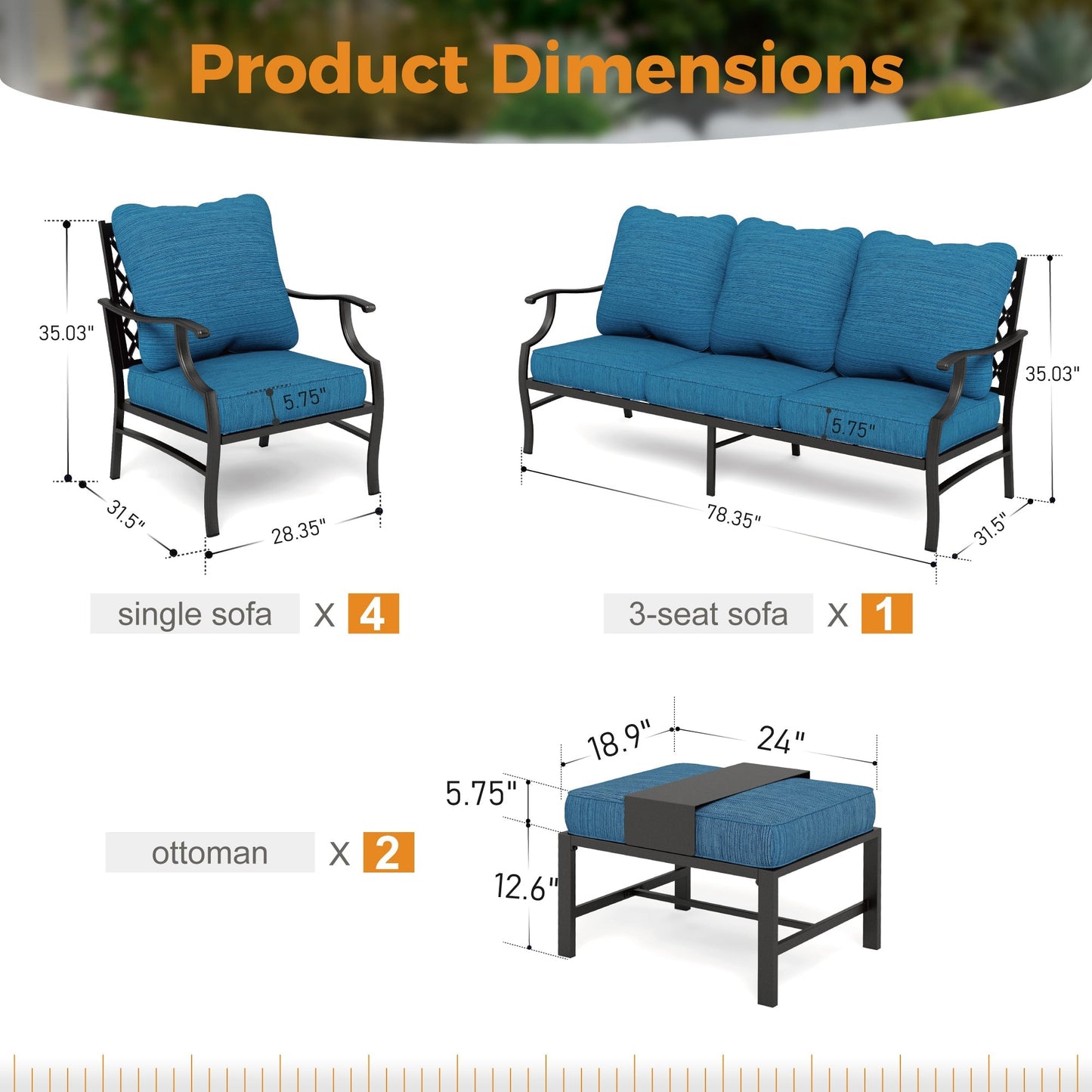 Sophia&William 9 Seat Patio Conversation Set Outdoor Sofa Furniture Set with Ottomans, Pacific Blue