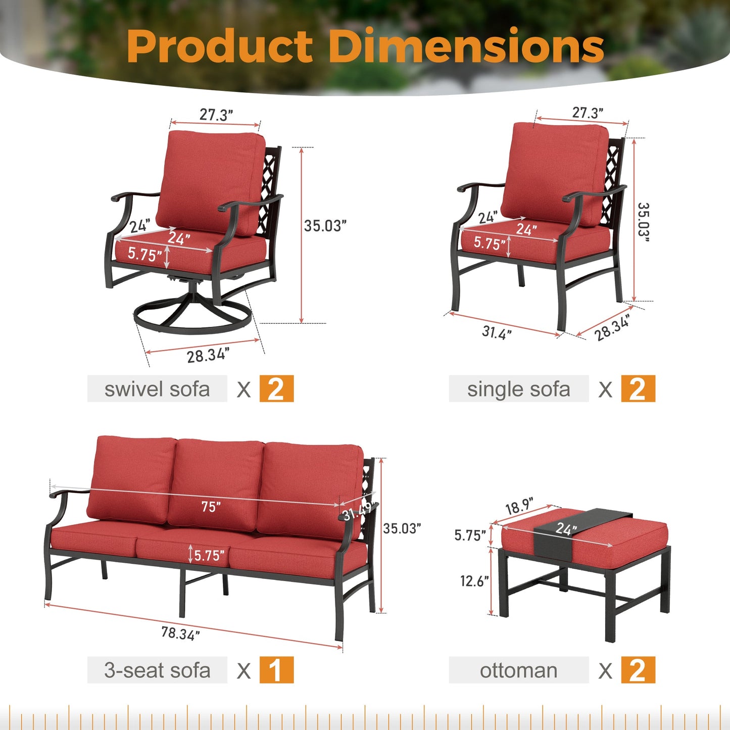 Sophia&William 9 Seat Patio Conversation Set Outdoor Sofa Furniture Set with Ottomans & Swivel Chair, Red