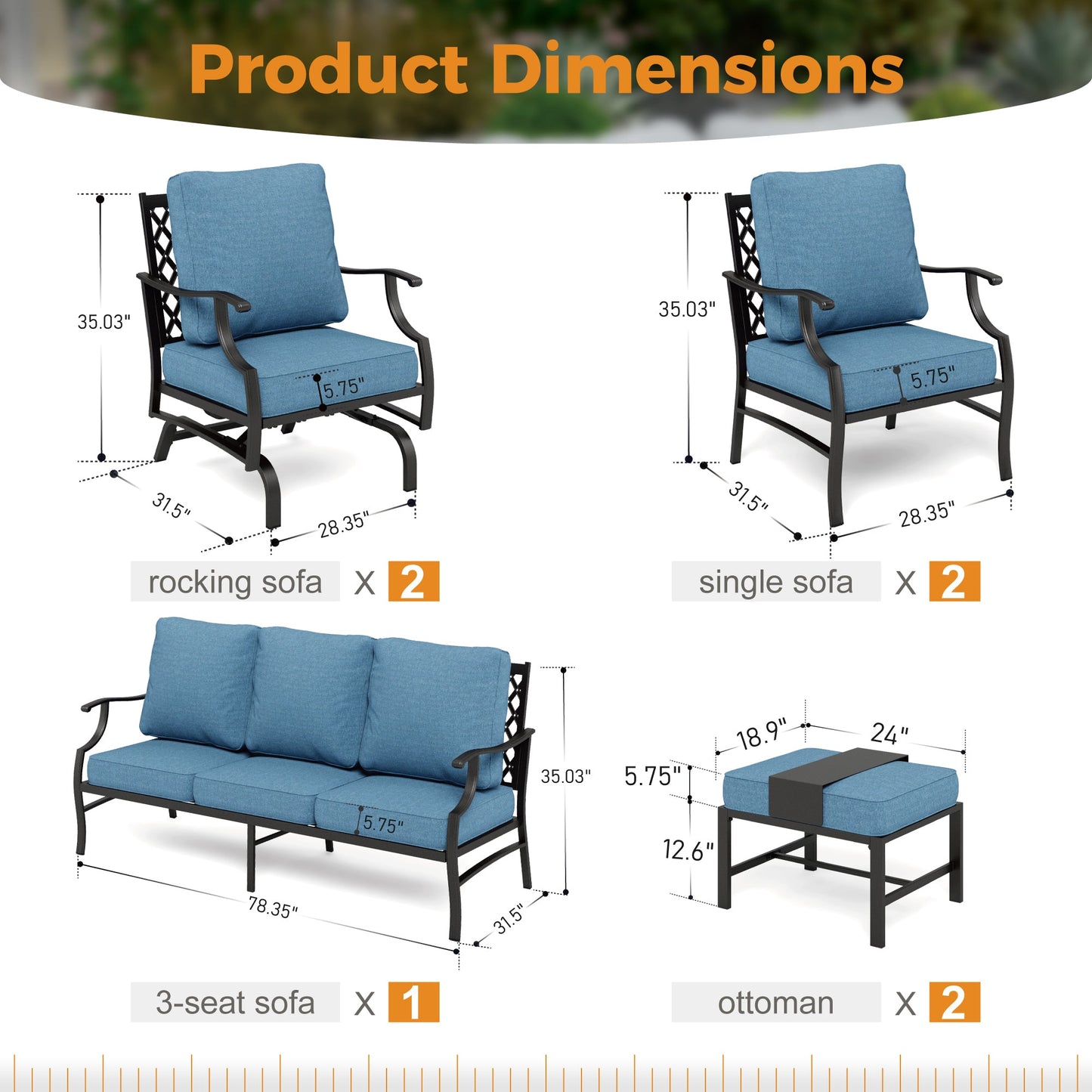 Sophia&William 9 Seat Patio Outdoor Furniture Set Metal Conversation Set with Ottomans & Rocker Chair, Navy Blue