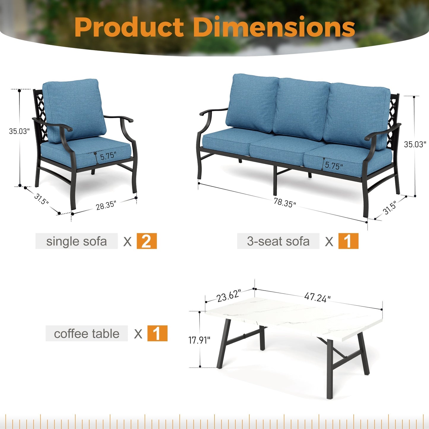 Sophia&William 5 Seat Patio Conversation Set Outdoor Sofa Furniture Set with Marble Table, Navy Blue