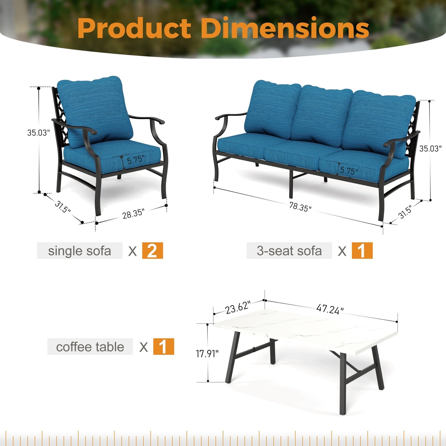 Sophia&William 5 Seat Patio Conversation Set Outdoor Sofa Furniture Set with Marble Table, Pacific Blue