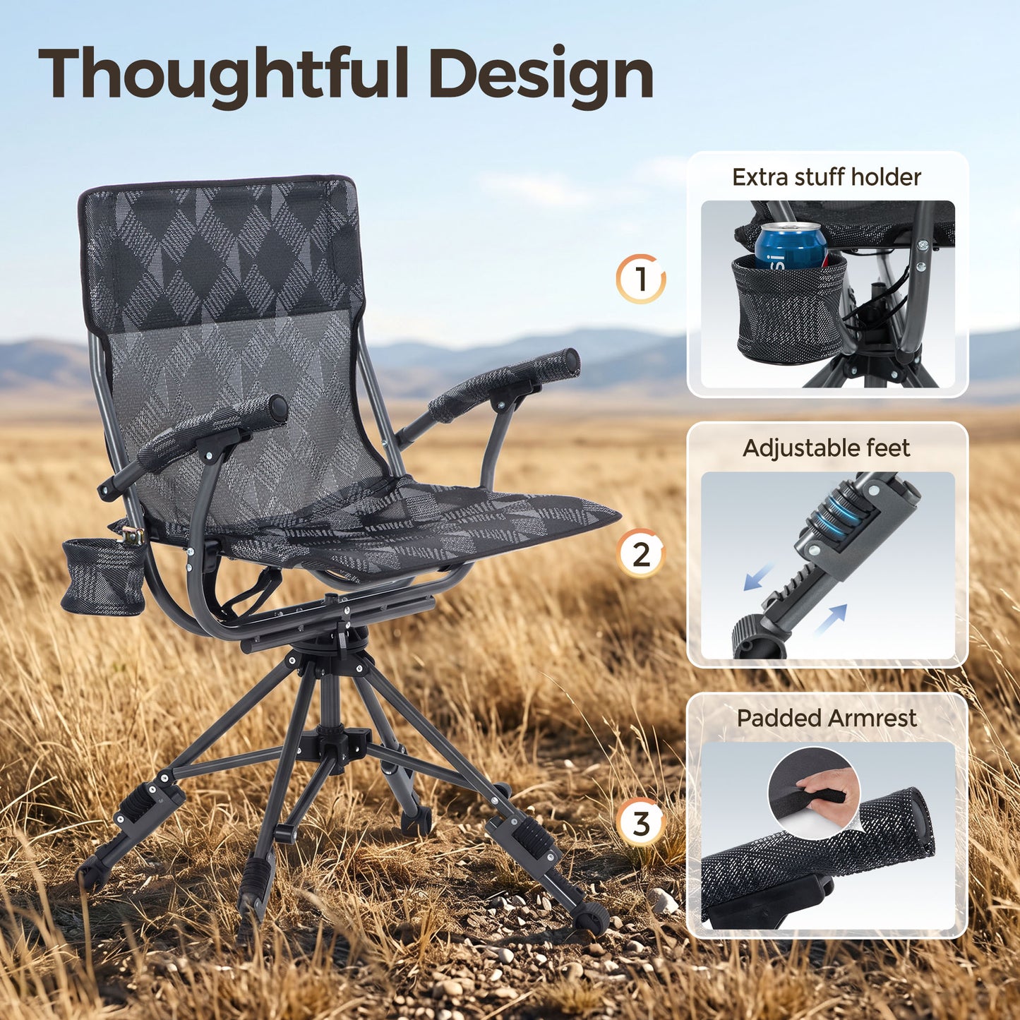 Sophia & William 360 Degree Silent Swivel Breathable Textilene Hunting Blind Foldable Camping Chair with Patented Quick Setup Frame