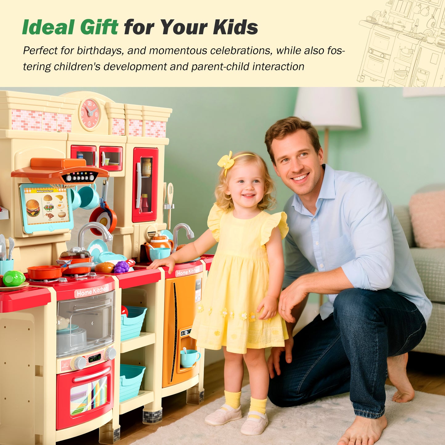 Sophia & William 87Pcs Pretend Play Kitchen 38.59Inch Toy Sets for Kids w/Realistic Sounds & Lights, Microwave Oven, Range Hood, Faucet, Cooking Stove, Sink, Red