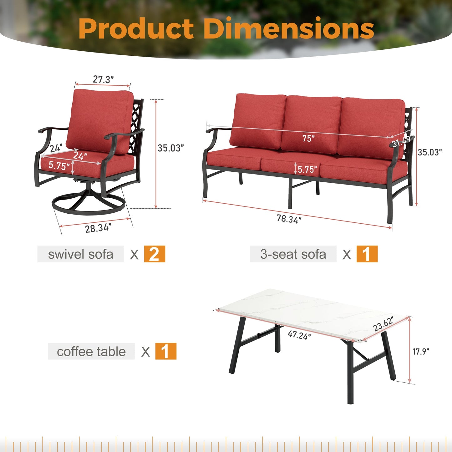 Sophia&William 5 Seat Patio Conversation Set Outdoor Sofa Furniture Set with Marble Table, Swivel Chair, Red