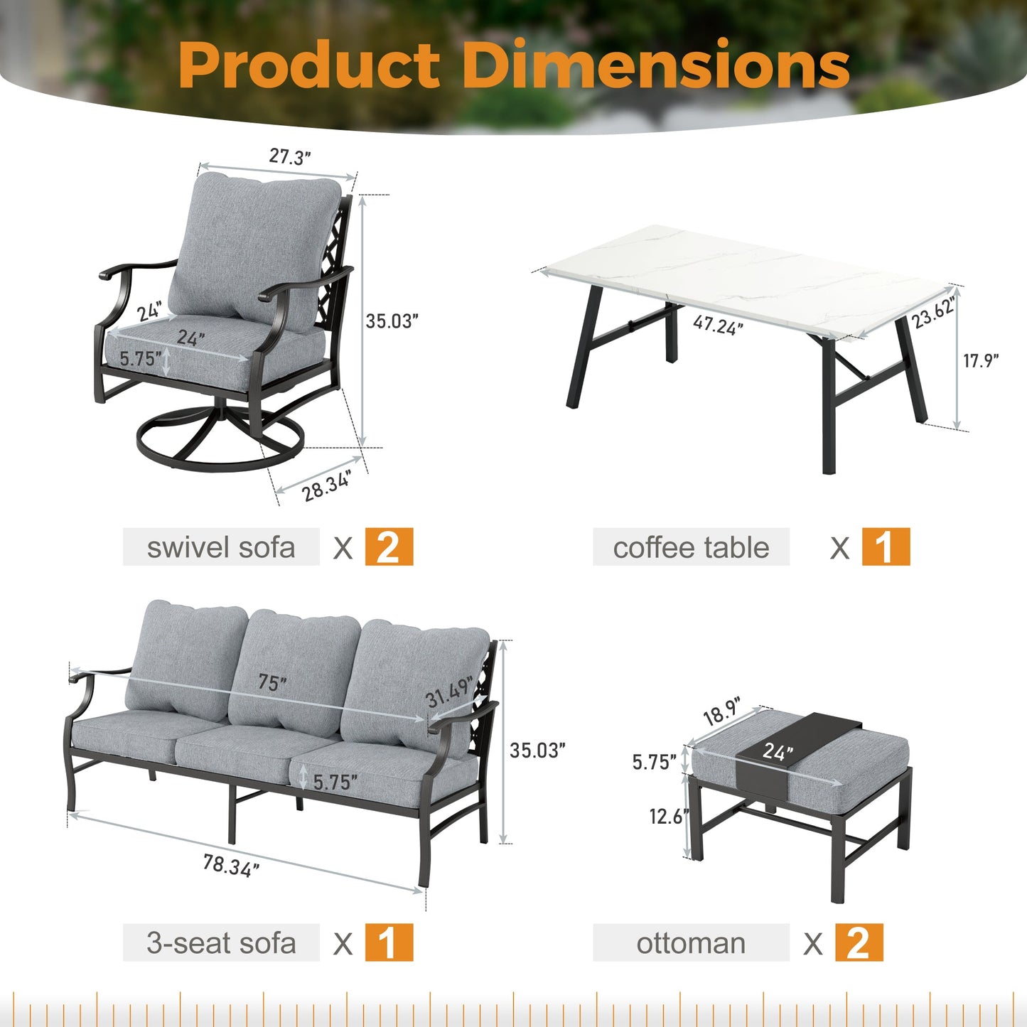 Sophia&William 7 Seat Patio Furniture Set Outdoor Conversation Set Metal Sofa with Multi-Ottomans & Swivel Chairs, Gray