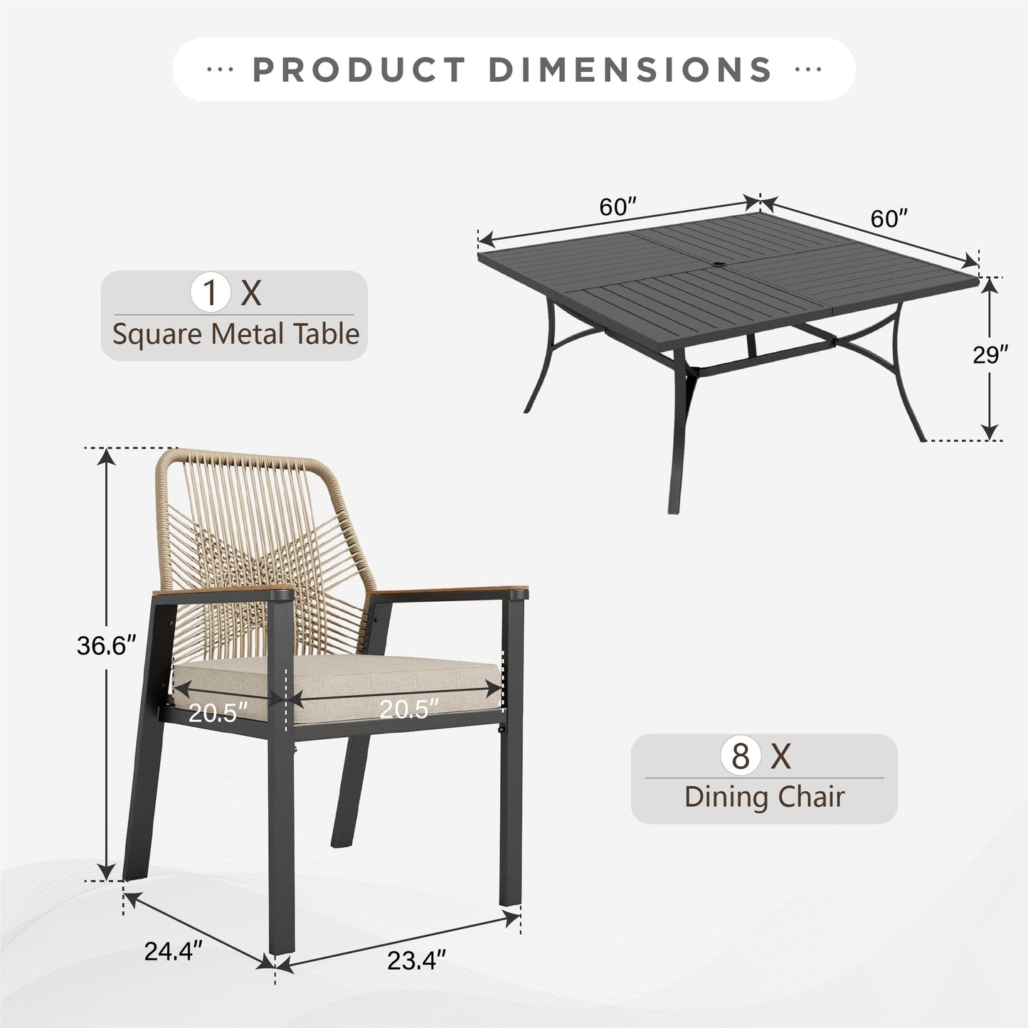 Sophia & William 9-Piece Outdoor Patio Dining Set Metal Rattan Chairs and Large Steel Square Table
