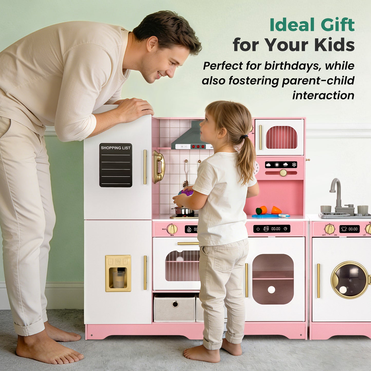 Alpha Joy Pretend Play Kitchen Large Wooden Toy Sets for Kids w/Realistic Sounds & Lights, Oven, Range Hood, Faucet, Sink, Cooking Accessories, Utensils, Pink