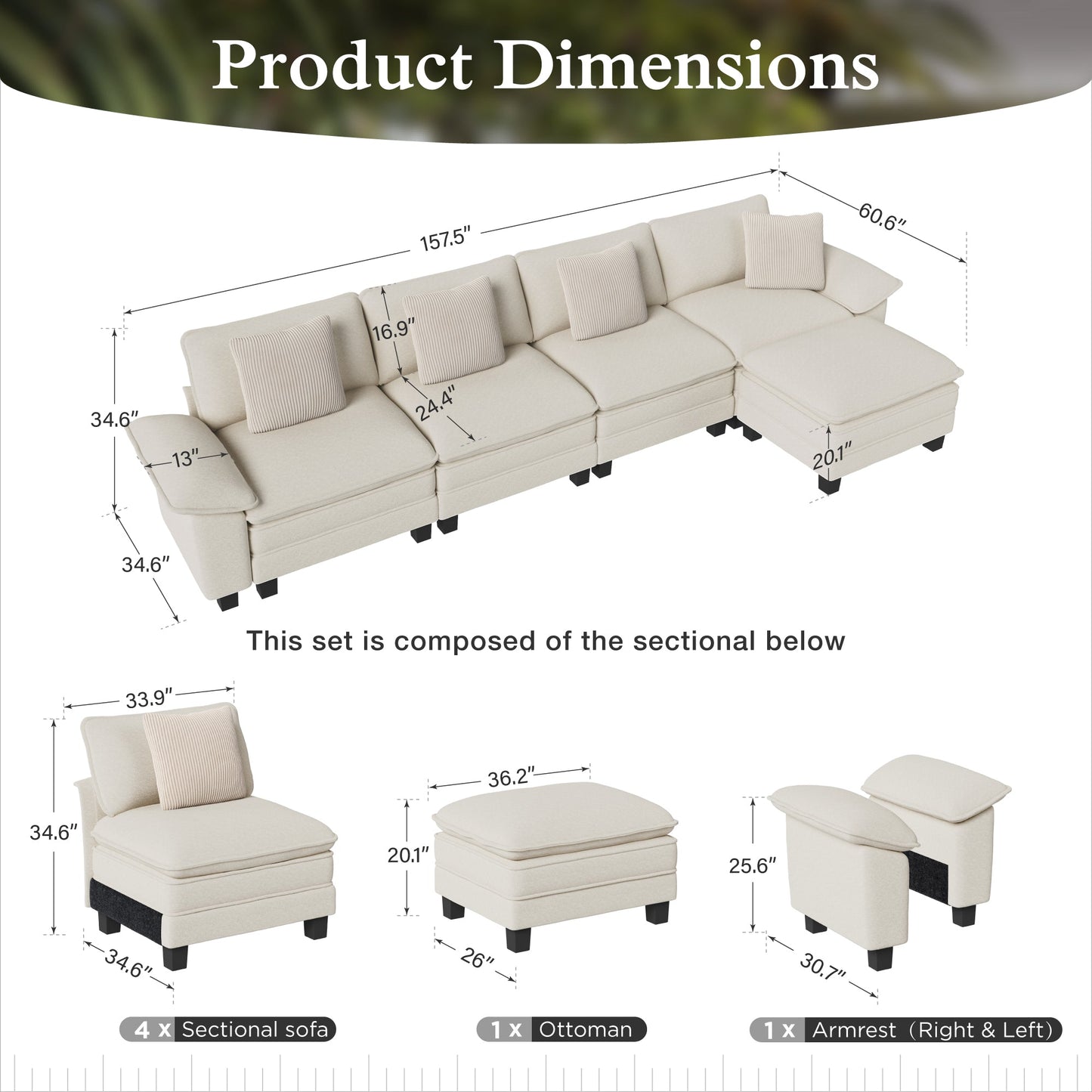 Sophia&William 157.5"L Modular Sectional Sofa Couch, Modern Chenille Couch 5-Seat Convertible Sofa with Ottoman for Living Room,White