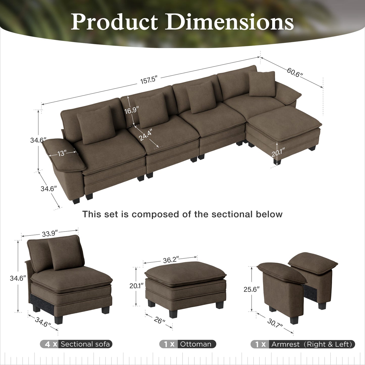 Sophia&William 157.5"L Modular Sectional Sofa Couch, Modern Chenille Couch 5-Seat Convertible Sofa with Ottoman for Living Room,Brown