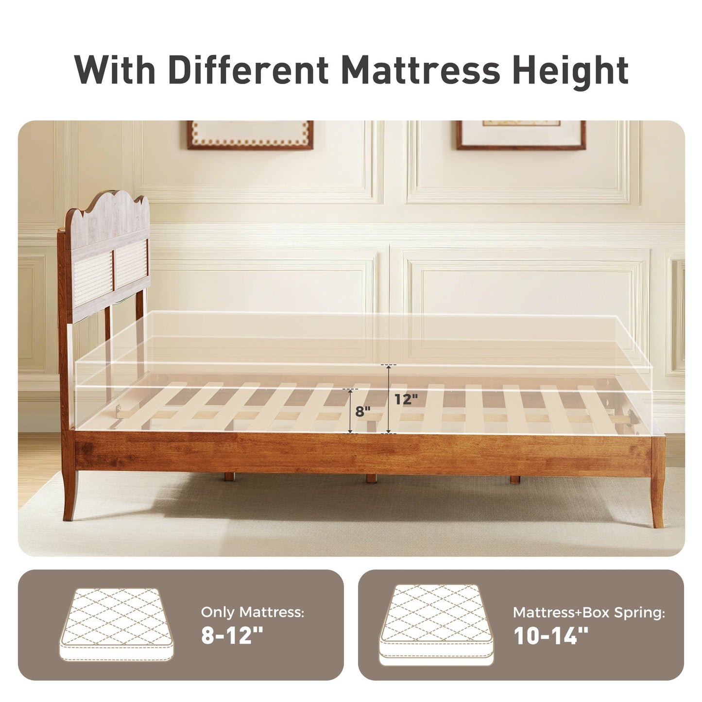 Sophia & William Queen Size Wood Platform Bed Frame with Wooven Rattan Headboard & Wooden Slats,No Box Spring Needed