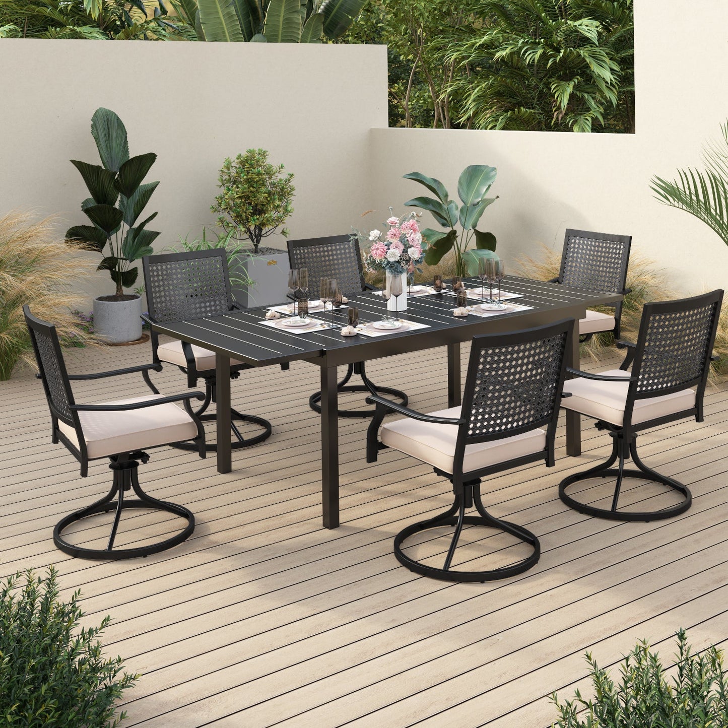Sophia & William 7 Piece Outdoor Patio Dining Set 6 Patio Dining Swivel Chairs and Metal Expandable Dining Table