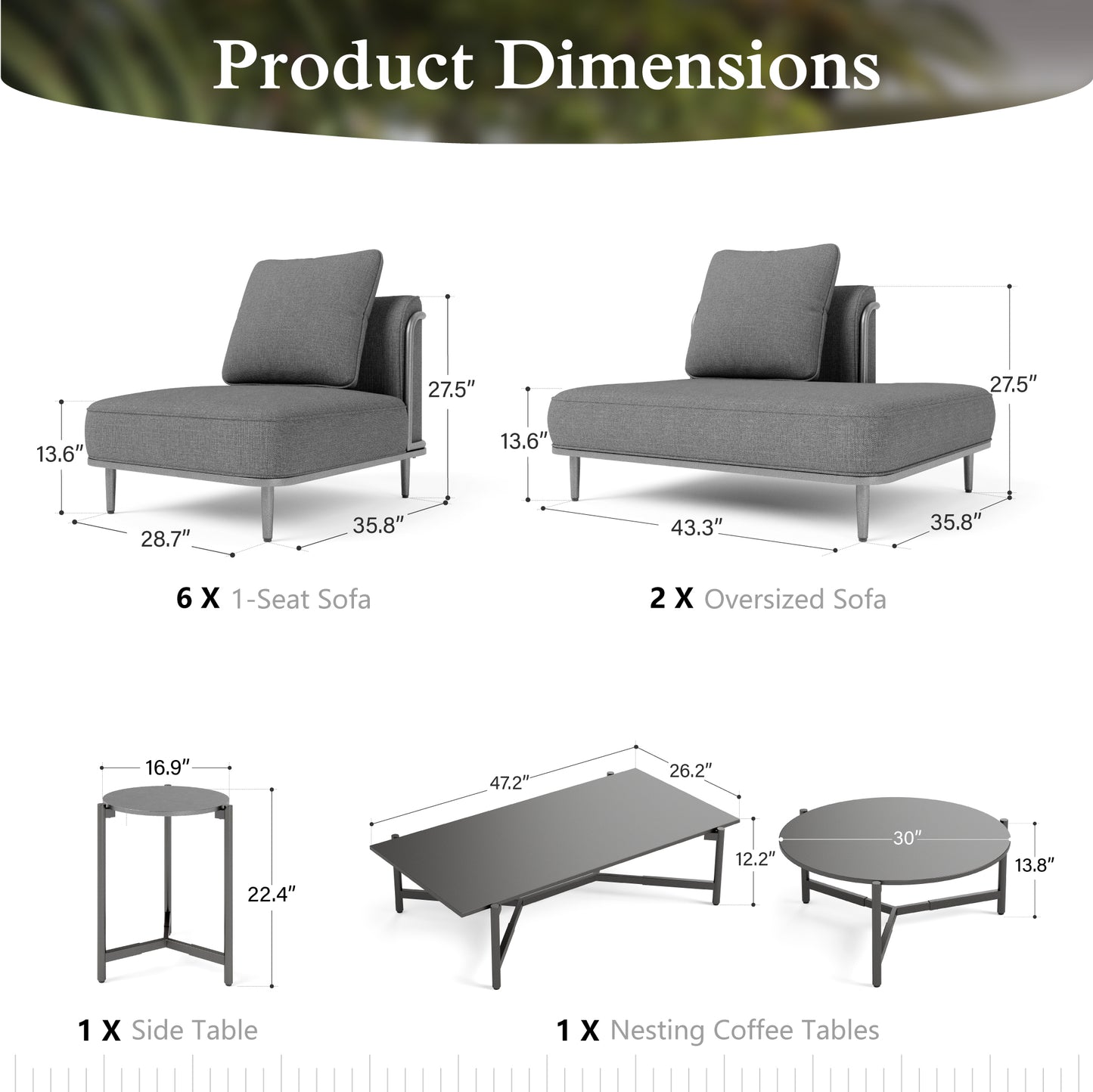 Sophia & William 11-Piece Modular Patio Furniture Set 10-Seat Low-Profile Sofa with Extra Thick Cushions, Nesting Tables & Side Table, Grey