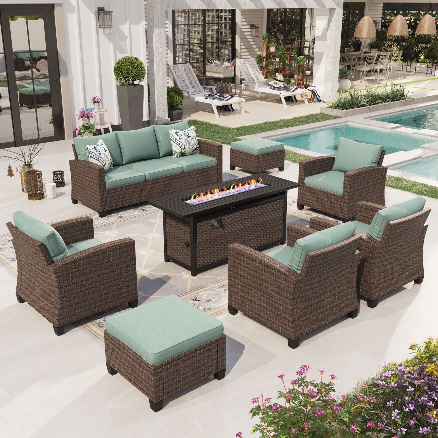 Sophia & William 8 Pieces Wicker Patio Converation Set with Fire Pit Table, Blue