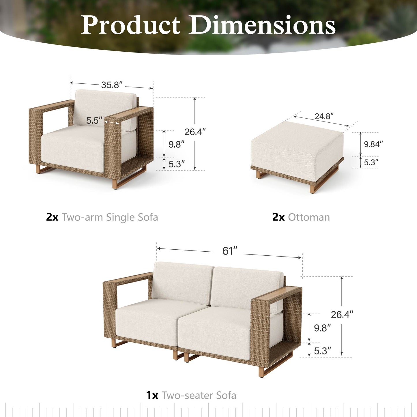 Sophia & William 6 Pieces Wicker Patio Furniture Set 6-Seat Outdoor Cushioned Conversation Set with 2 Sofa Chairs, Yellow-Brown & Beige