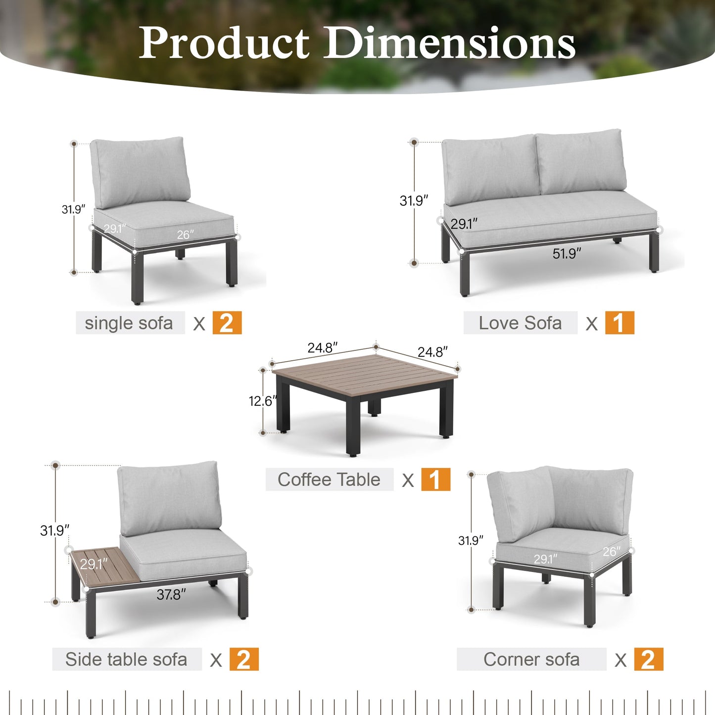 Sophia & William 8 Pieces Patio Furniture Set Sectional Metal Outdoor Conversation Set with Coffee Table, Light Grey Cushion