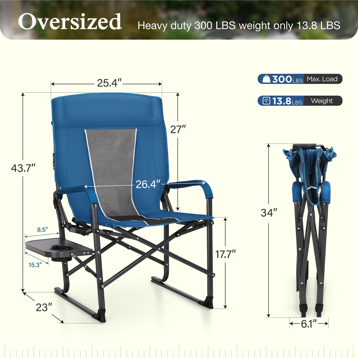 Sophia & William Heavy-Duty Adjustable High Back Director Chair Oversized Camping Chair with Side Table, Blue