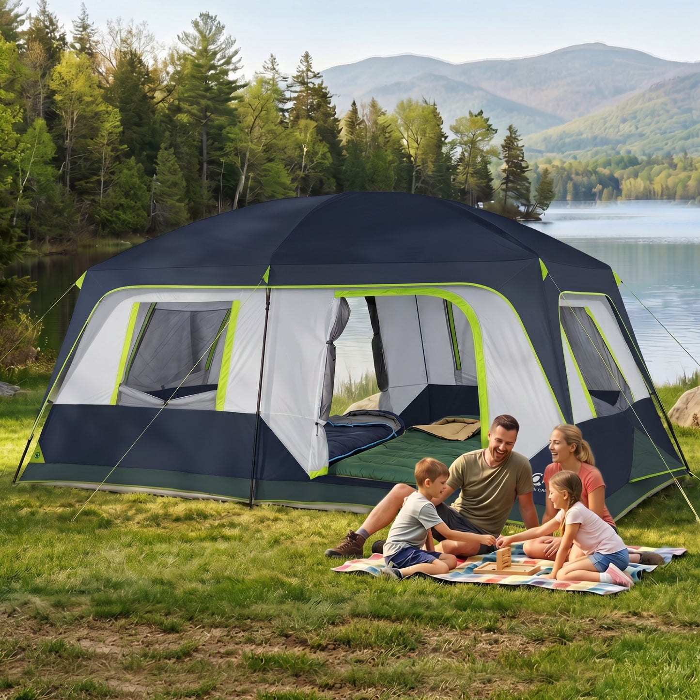 Sophia & William 10 Person Camping Tent 14x10FT All-Weather Large Family Cabin Tent with 2-Room Partition, Blue
