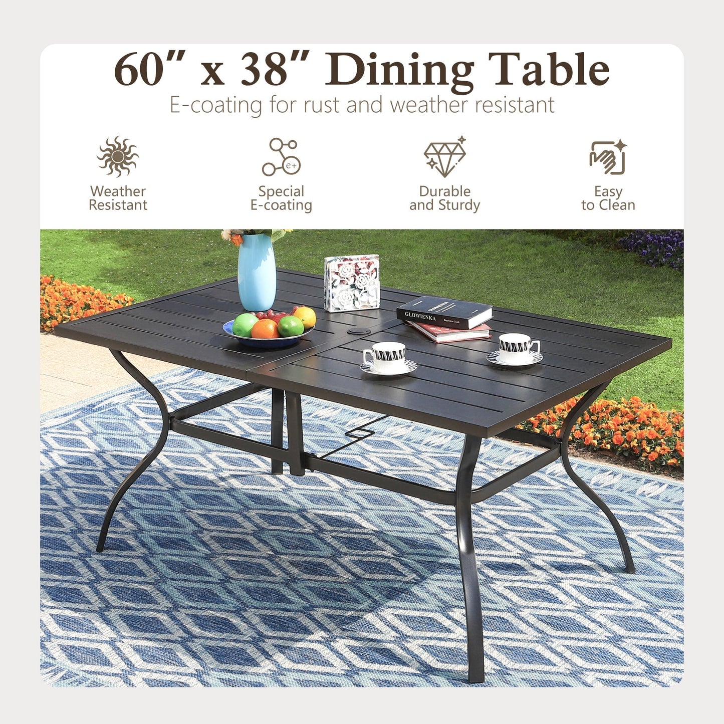 Alpha Joy 8-Piece Outdoor Patio Dining Set with 13 ft Navy Blue Umbrella, Cushioned Chairs & Metal Table for 6
