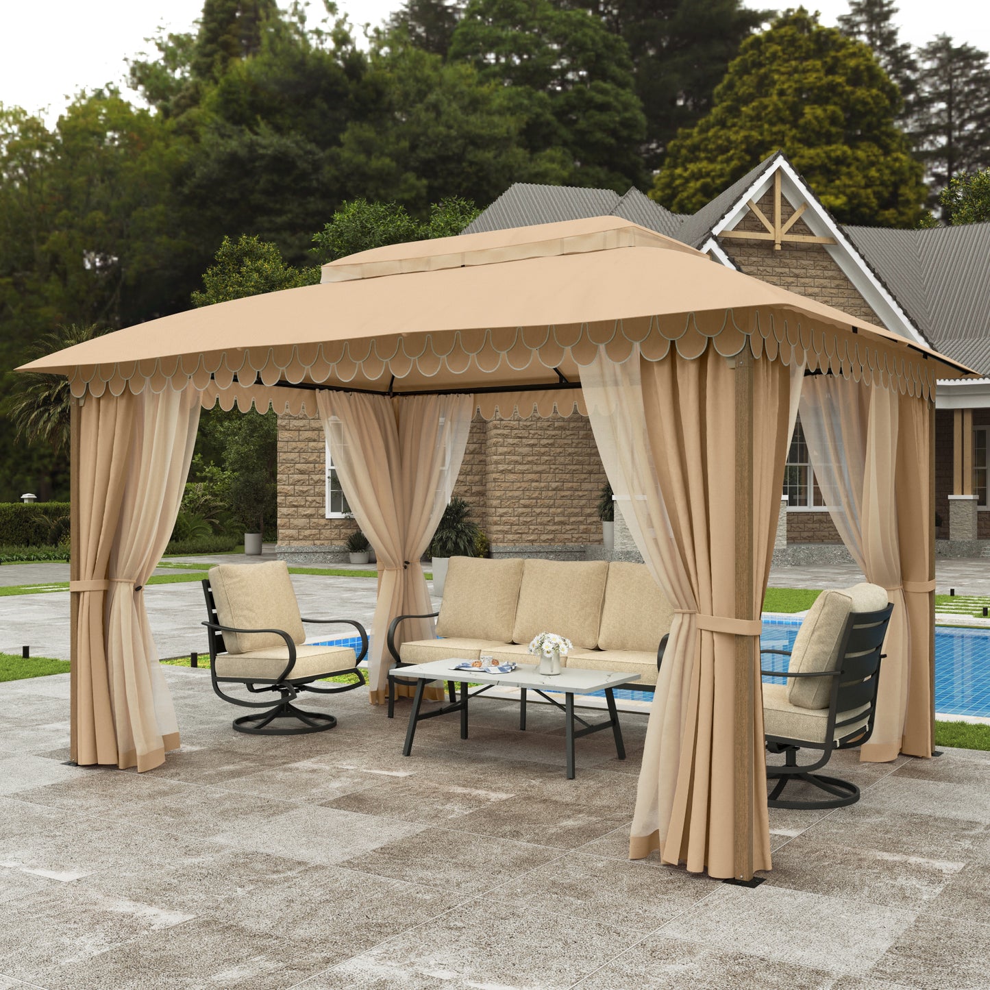 Alpha Joy 10'x13' Outdoor Gazebo Ventilated Double Roof Metal Gazebo with Mosquito Netting and Privacy Curtains for Patio, Backyard, Deck and Lawn, Beige