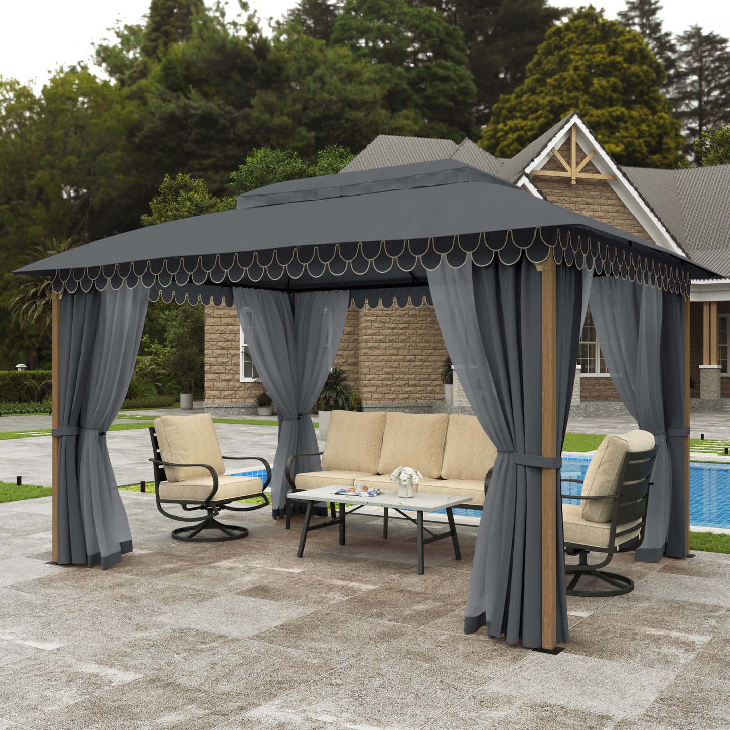 Alpha Joy 10'x13' Outdoor Gazebo Ventilated Double Roof Metal Gazebo with Mosquito Netting and Privacy Curtains for Patio, Backyard, Deck and Lawn, Grey