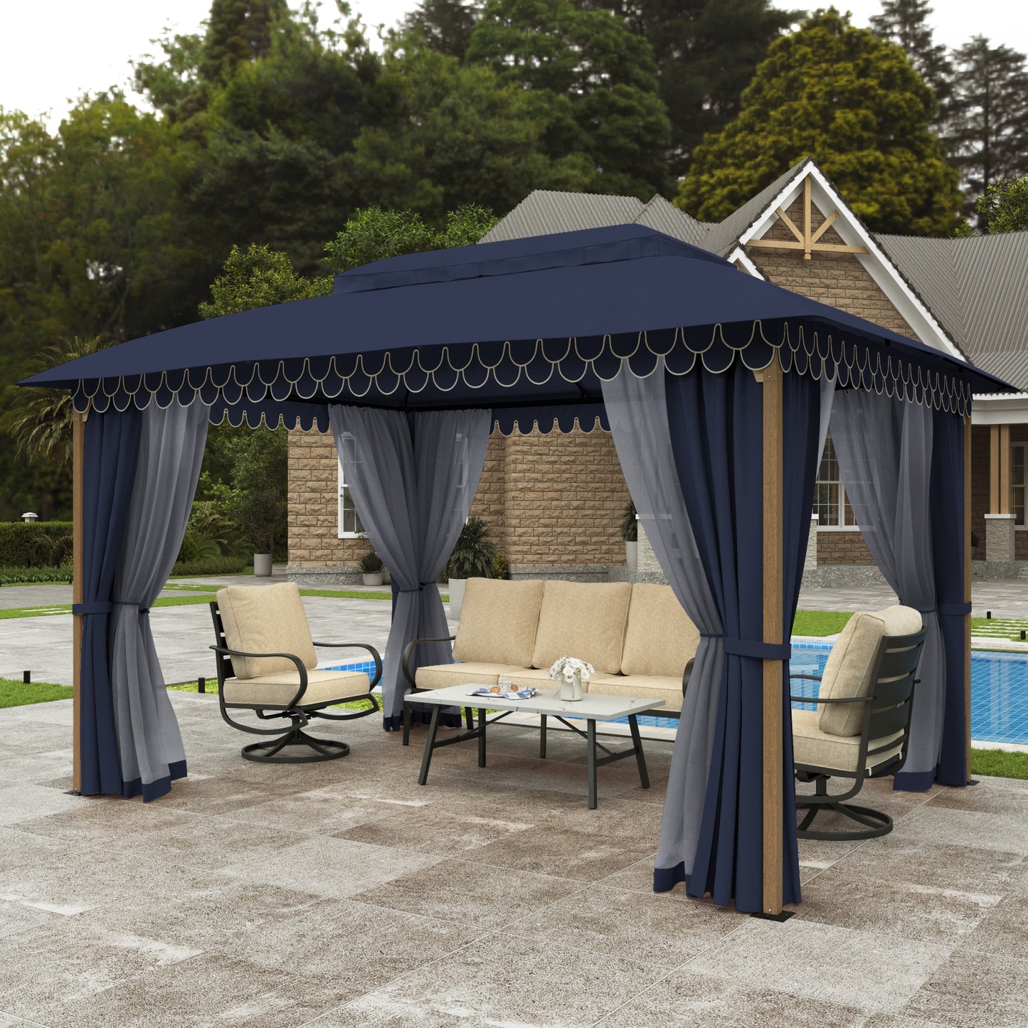 Alpha Joy 10'x13' Outdoor Gazebo Ventilated Double Roof Metal Gazebo with Mosquito Netting and Privacy Curtains for Patio, Backyard, Deck and Lawn, Navy