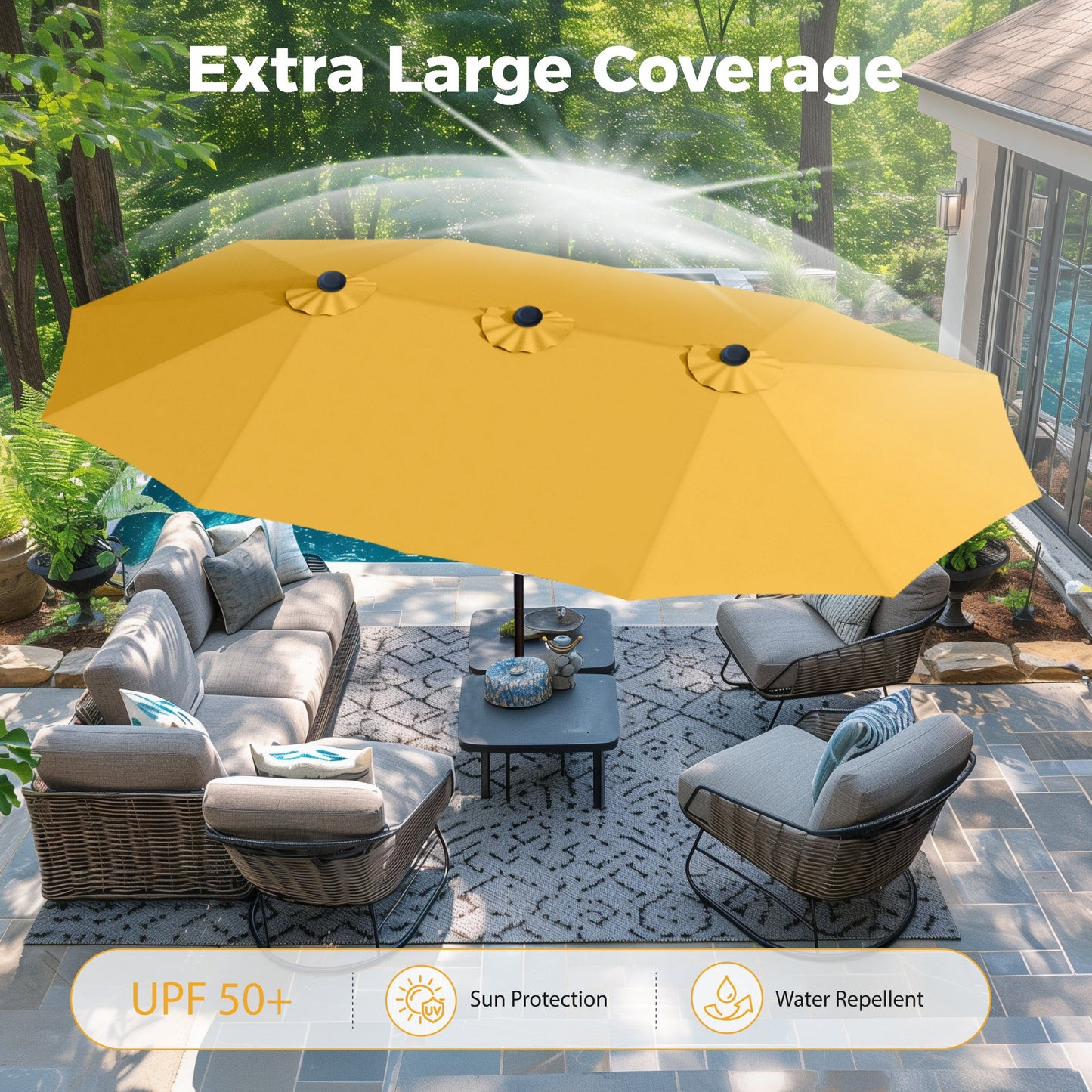Alpha Joy 15ft Outdoor Patio Umbrella Extra-Large Double-Sided Garden Umbrella with Crank Handle and Base - Gold Yellow